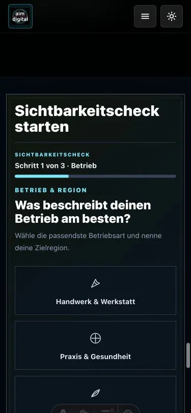 Aktueller mobiler Sichtbarkeitscheck mit kompakter Fortschrittsanzeige und auswählbaren Betriebsarten