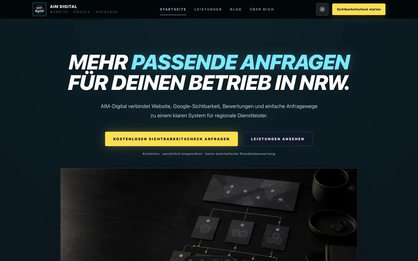Aktuelle AIM-Digital-Startseite mit klarer Positionierung für passende Anfragen regionaler Betriebe