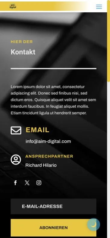 Früherer mobiler Kontaktbereich mit E-Mail-Adresse, Ansprechpartner und Newsletter-Feld