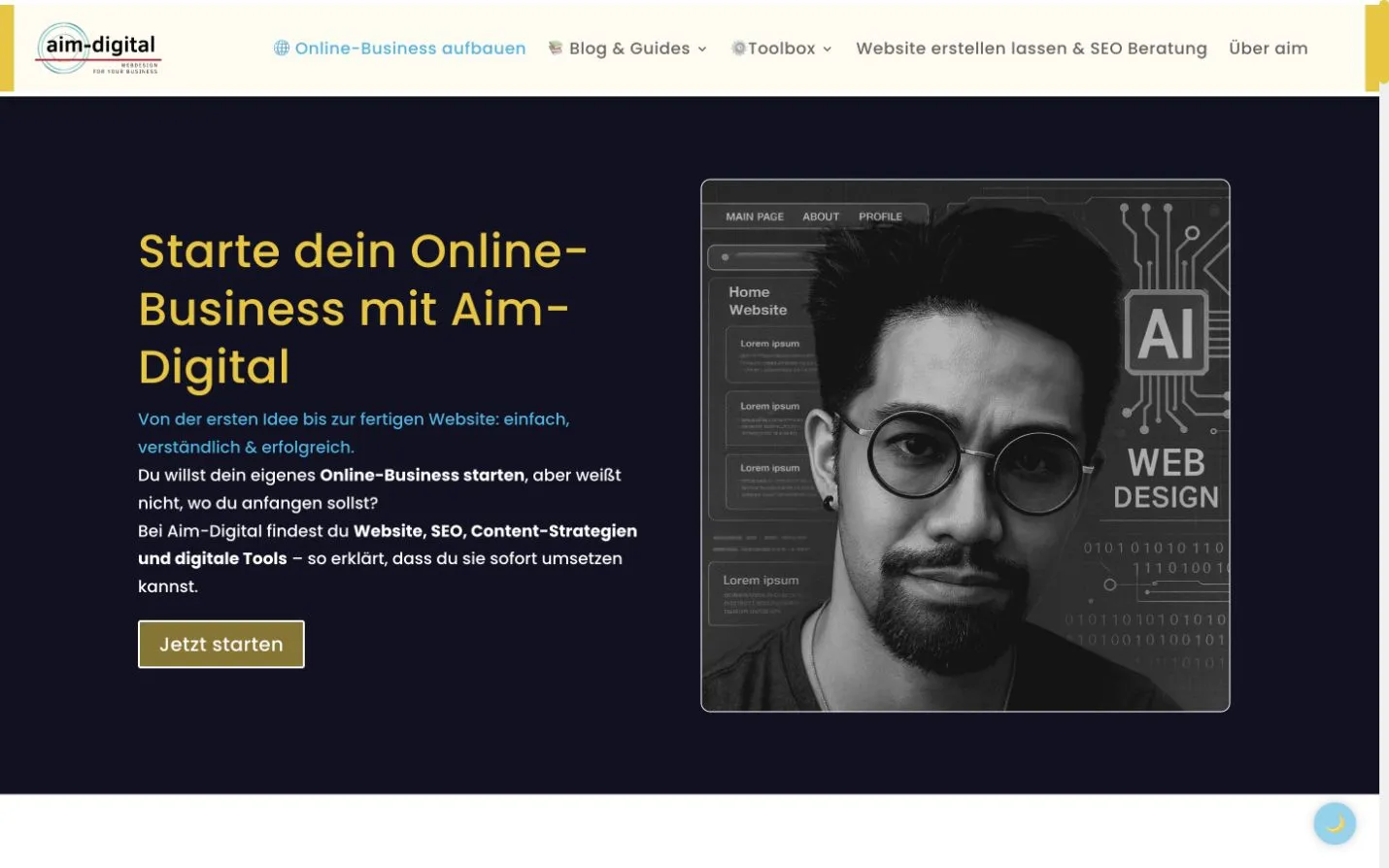 Frühere AIM-Digital-Startseite mit allgemeiner Positionierung zum Aufbau eines Online-Business