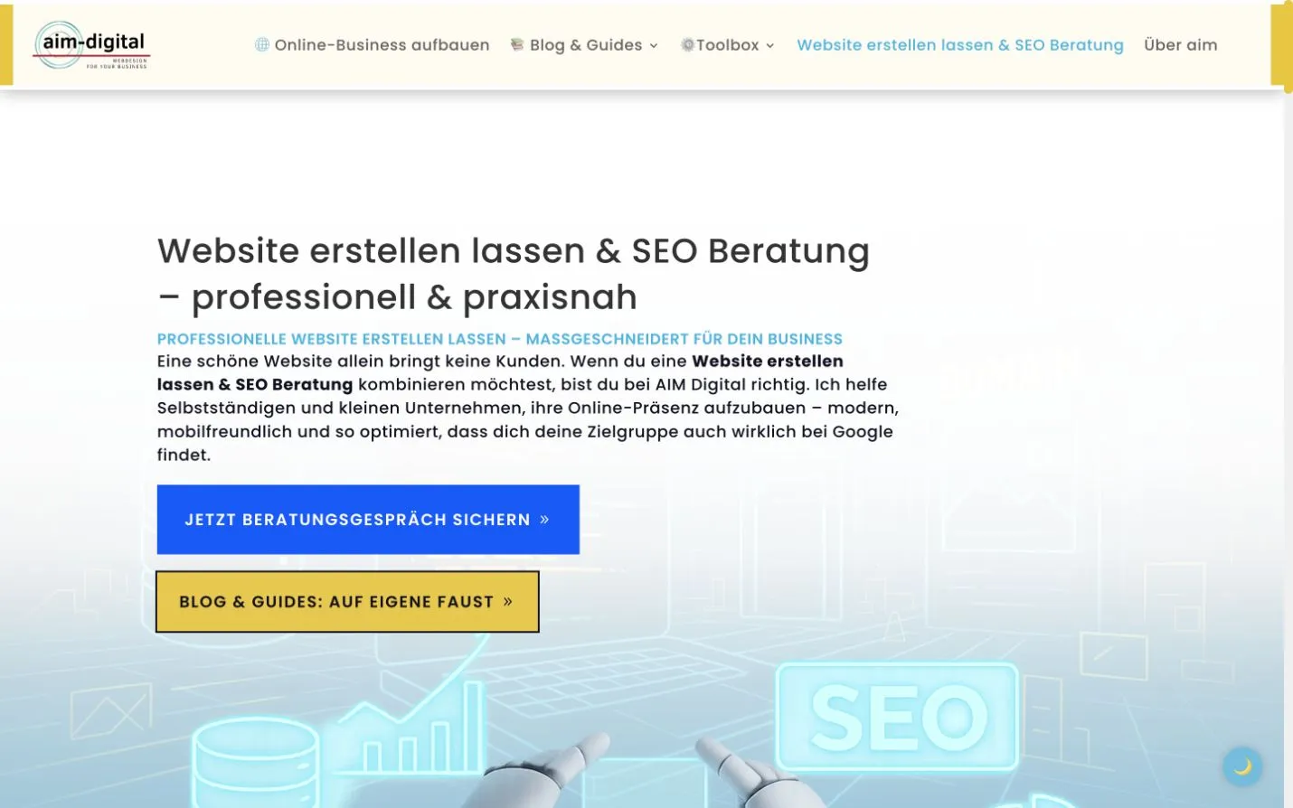 Frühere Leistungsseite mit Website- und SEO-Angebot sowie zwei großen Handlungsflächen