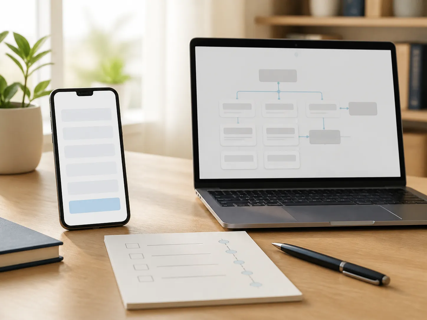 Smartphone-Formular und Laptop-Workflow als Darstellung eines geordneten Anfrage- und Nachfasswegs