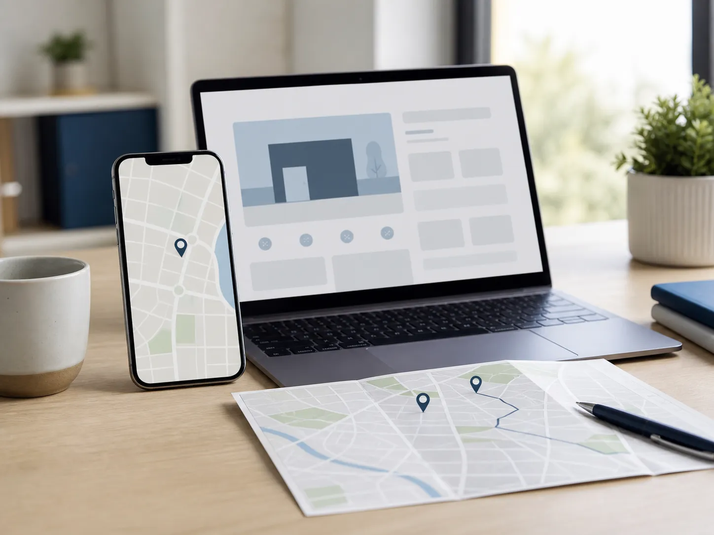 Smartphone mit neutraler Karte und Laptop mit Unternehmenseintrag als Darstellung lokaler Auffindbarkeit